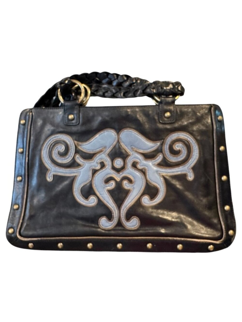 Kate Landry Leather Satchel Handbag Black Studded Appliqué Braided Handle Purse